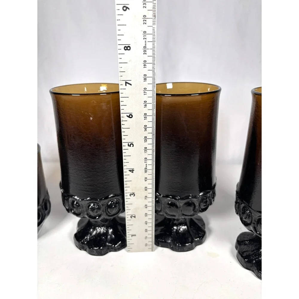 Vintage Indiana Glass Kings Crown Amber Goblets Tumblers Set Mid Century 4 Pc